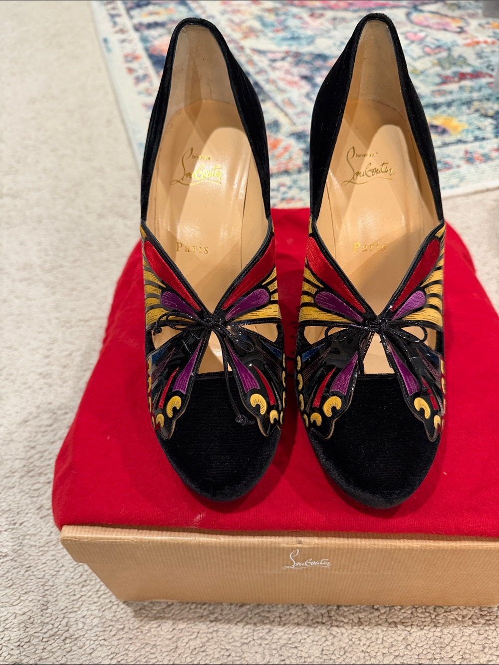 Christian Louboutin Black Velvet Butterfly Appliqué Pumps